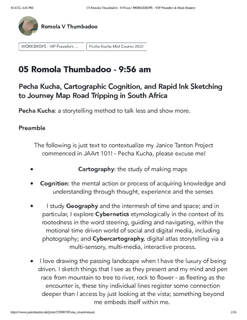 thumbnail of Pecha Kucha, Cartographic Cognition, and Rapid Ink Sketching to Journey Map Road Tripping in South Africa