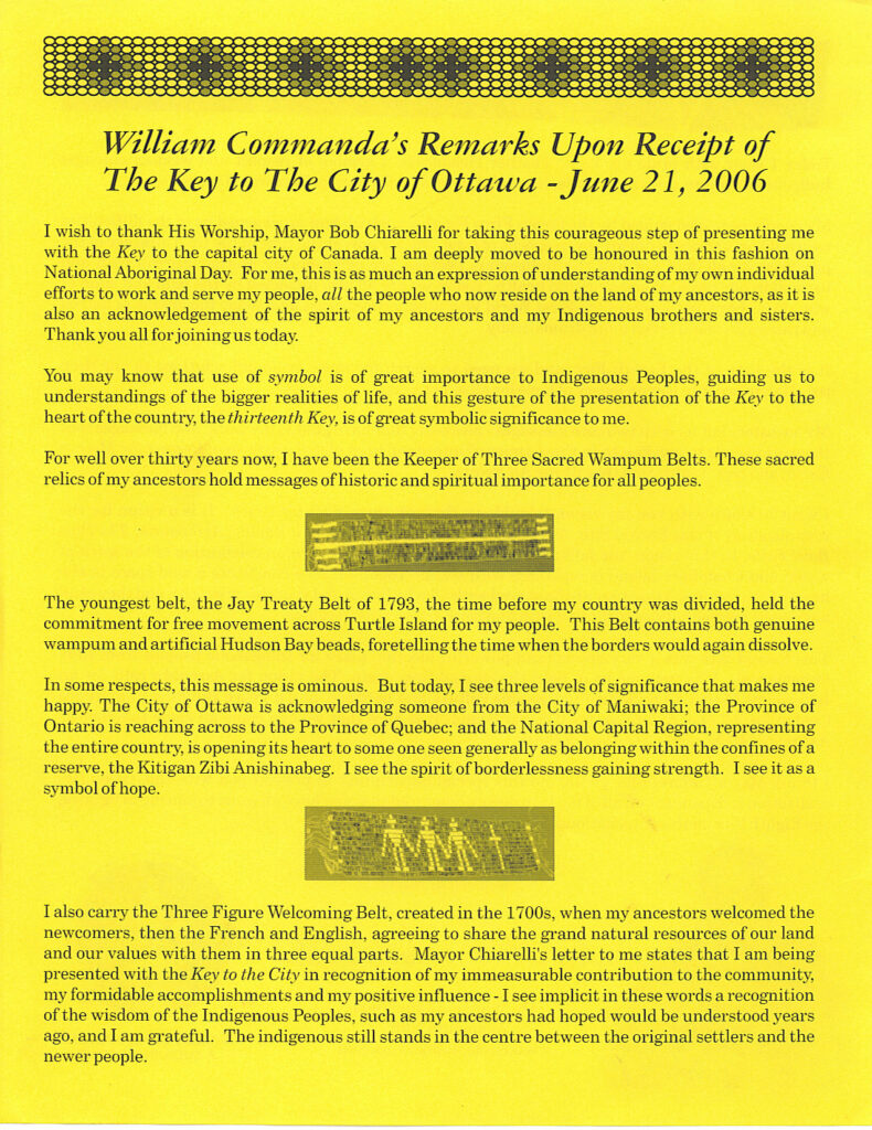 William Commanda's Remarks Upon Receipt ofThe Key to The City of Ottawa -June 21, 2006